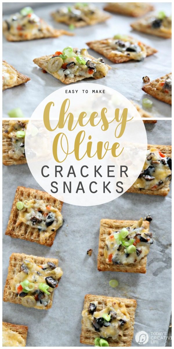 Cheesy Olive Cracker Snacks | Easy to make appetizer ideas | Football game day finger foods | Triscuit Cracker recipes | TodaysCreativeLife.com 