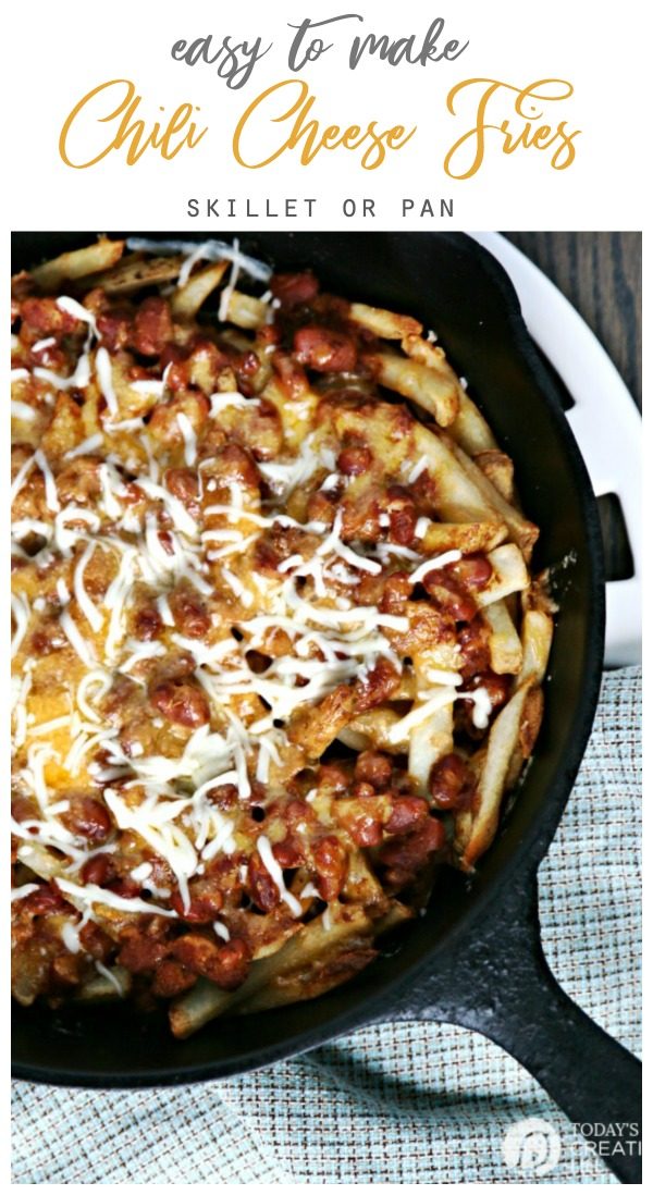 Cast iron skillet with chili cheese fries