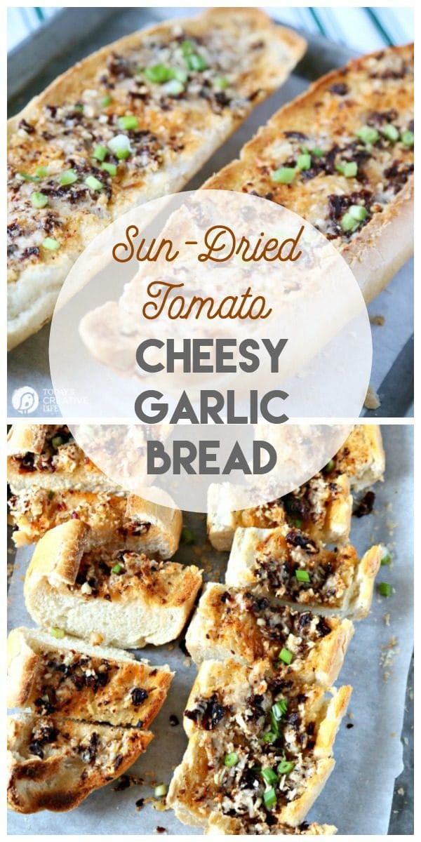 Sun-Dried Tomato Garlic Bread | Serve with soup or salad, or as an appetizer. Great game day football foods! Holiday Party Food | Easy to Make | TodaysCreativeLife.com