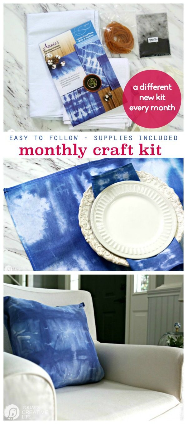 Easy Monthly Craft Kits from Annies | All supplies included | Shibori tie dye Placemats and pillows. Easy Craft Ideas | DIY Projects | TodaysCreativeLife.com