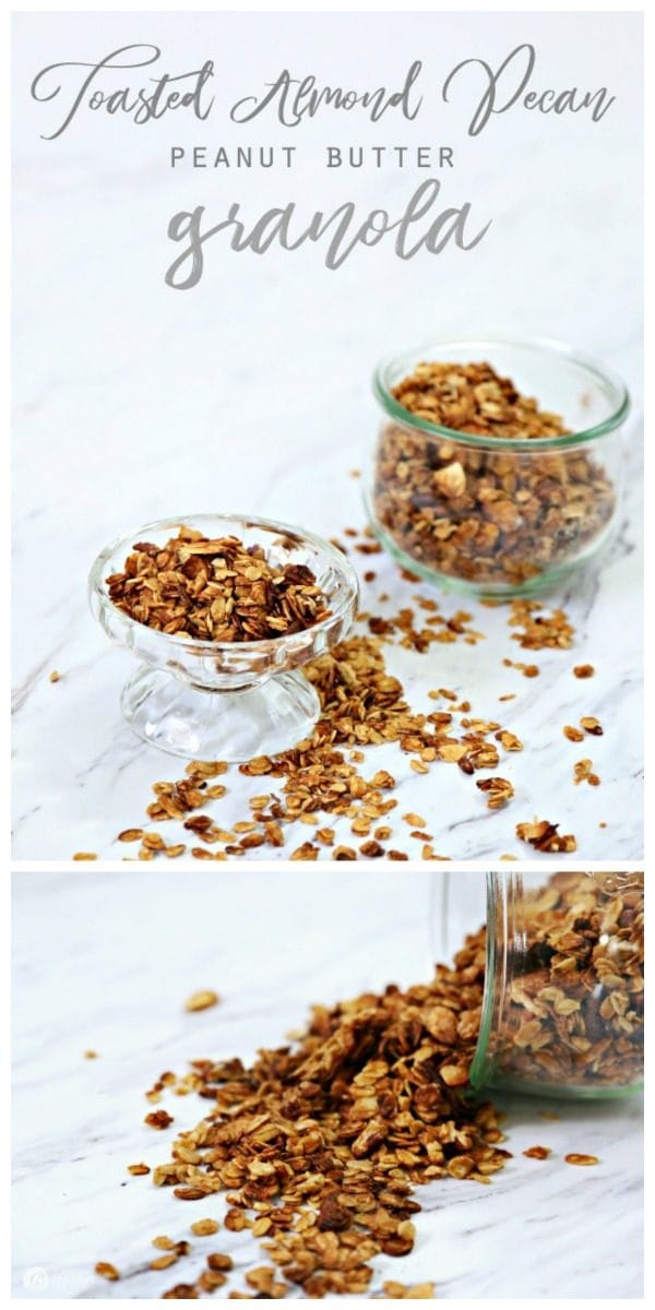 Photo collage of granola in glass jars. 