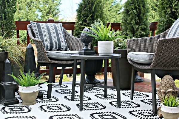 outdoor patio seating area with wicker chairs