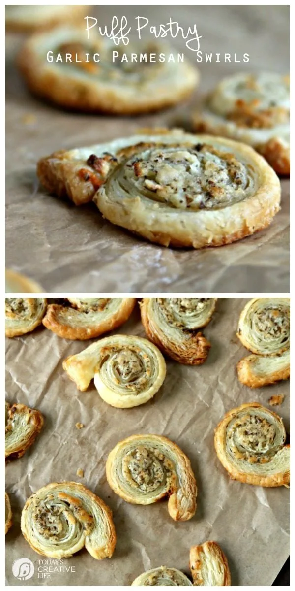 Puff Pastry Garlic Parmesan Spirals | Easy to make finger food | Savory pinwheels | Party food appetizers | TodaysCreativeLife.com