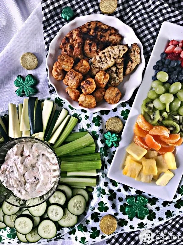 Easy to Make Party Food | This party spread is great for St. Patrick's Day. Cooked Perfect Grilled Chicken with simple fruits and veggies | TodaysCreativeLife.com