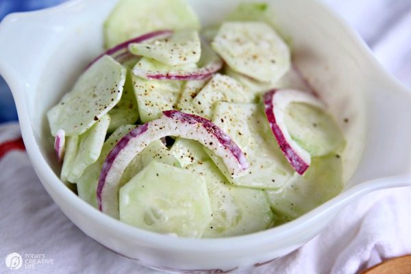 dish of sour cream cucumber salad