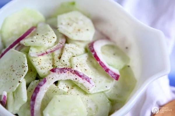 Sour Cream Cucumber and onion Salad | Simple Salad Recipe | Cucumber and onions | Vinegar Cucumbers | TodaysCreativeLife.com