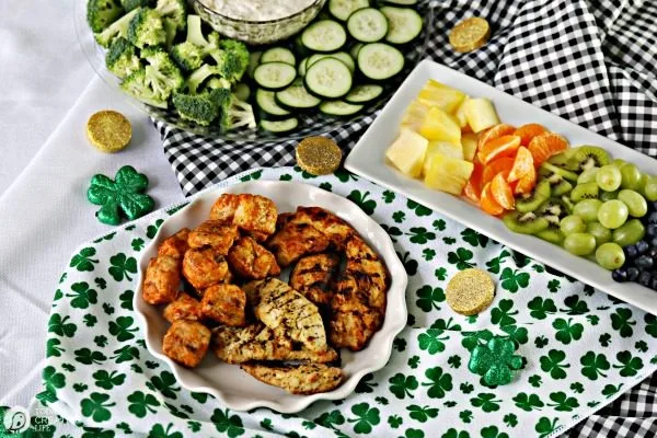 Easy to Make Party Food | This party spread is great for St. Patrick's Day. Cooked Perfect Grilled Chicken with simple fruits and veggies | TodaysCreativeLife.com