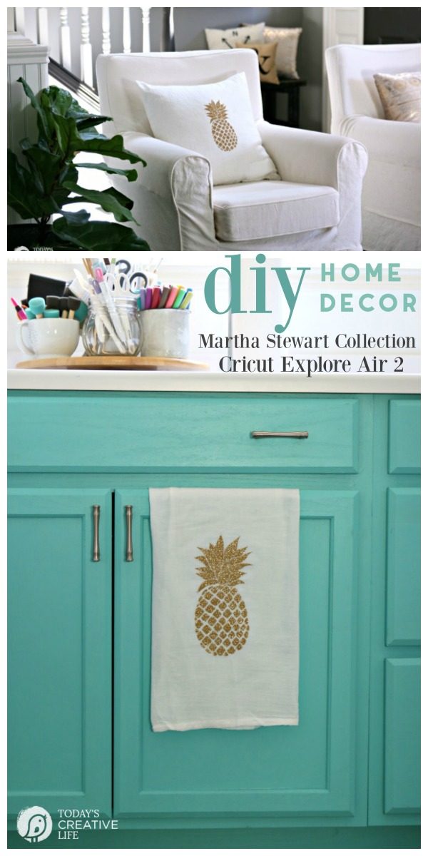 Cricut Explore Air 2 Home Decor Ideas - Martha Stewart Collection | Create Easy DIY Home Decor | Pineapple Design, Gold Glitter Iron-on using the EasyPress | TodaysCreativeLife.com