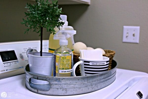 tray of laundry cleaning supplies