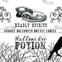 2 black and white halloween bottle labels with spooky writing and images