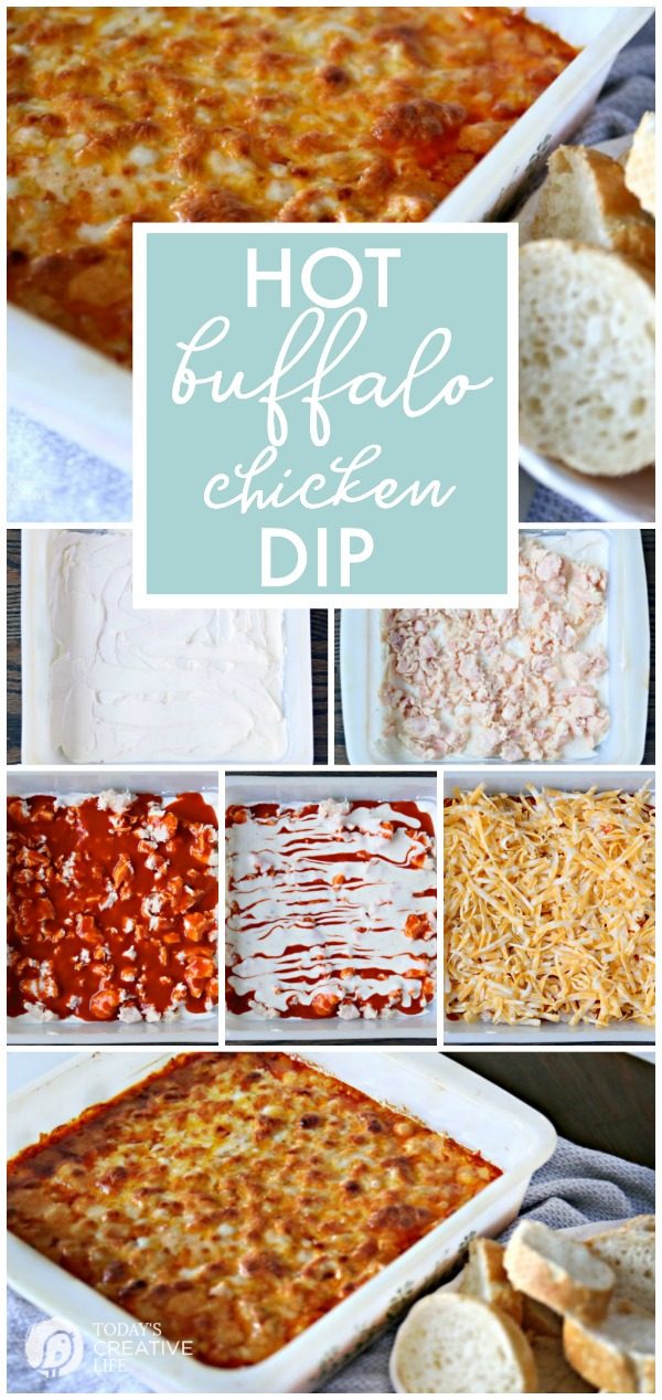 Hot Buffalo Chicken Dip Recipe | Easy to make party dip | Game day Tailgating Football Food | Holiday potluck recipe ideas | Hot Cheesy Dips | TodaysCreativeLife.com