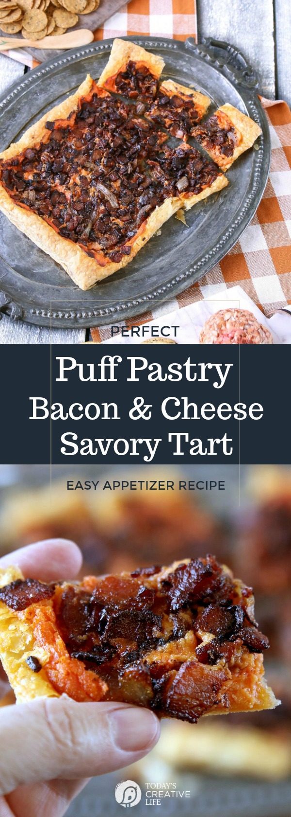 Puff Pastry Savory Tart Recipe | Easy Appetizer Recipes | Appetizers for a Crowd | Bacon and Caramelized Onion Appetizers | Party Food | Holiday Party Recipes and Ideas | Puff Pastry Recipes | Kaukauna Spreadable Cheese Recipes | TodaysCreativeLife.com