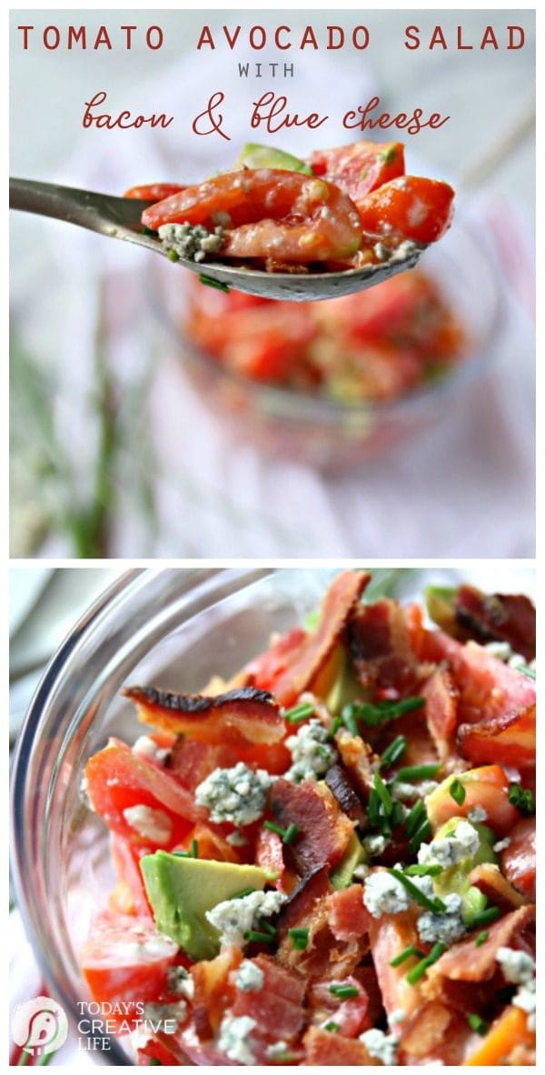 Tomato Avocado Salad with Bacon and Blue Cheese Dressing | Garden fresh tomatoes, thick bacon and delicious ripe avocados. Homemade Classic Blue Cheese Salad Dressing | Bleu Cheese Dressing | Side dish ideas | TodaysCreativeLIfe.com