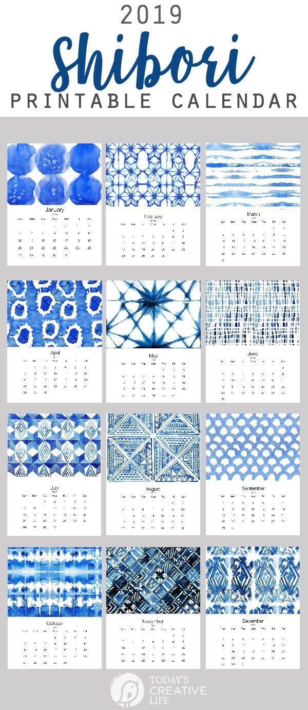 2019 Free Printable Calendar | Shibori Designed Blue and White Free Printable | TodaysCreativeLife.com