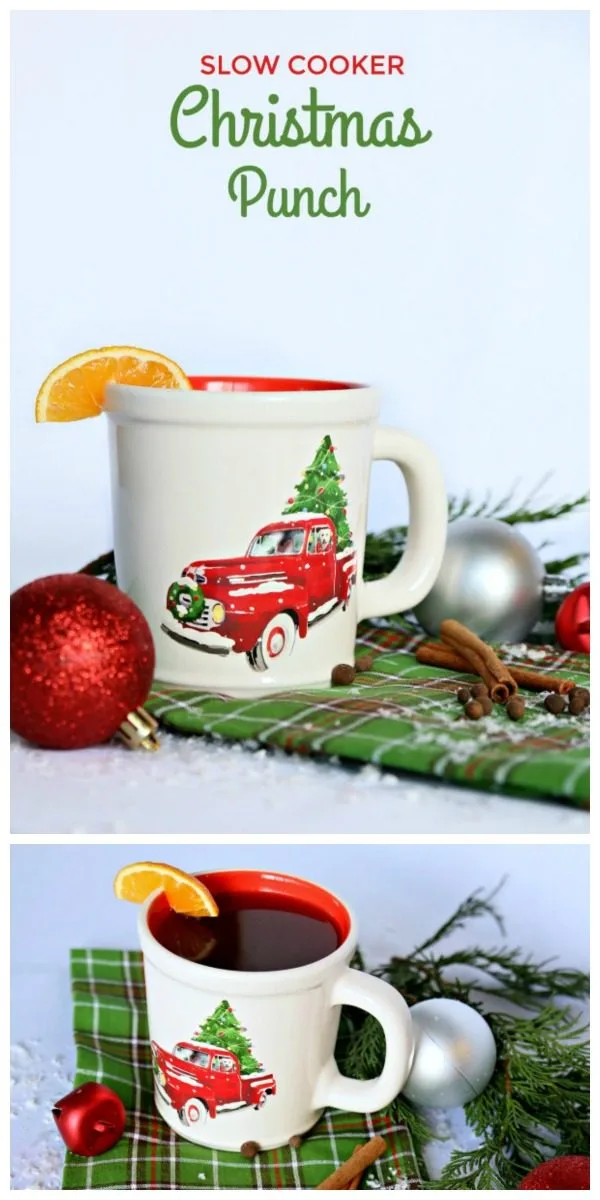 Photo collage of holiday mug with red truck filled with Christmas punch