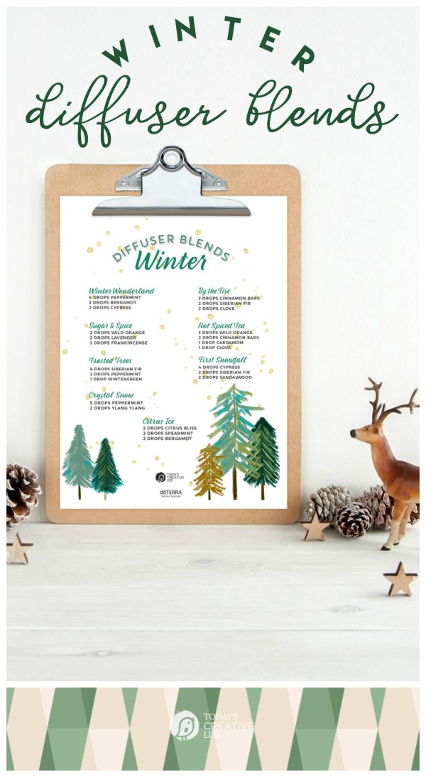 Winter Essential Oil Diffuser Blend Recipes | Free Printable Essential Oil Blend Recipes | Non-Toxic Scents for your home | Essential Oil combinations for diffusing. TodaysCreativeLife.com