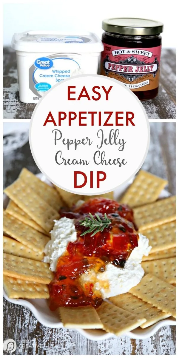 Pepper Jelly Cream Cheese Party Dip | Easy Appetizer and Dip Recipes | Party Food | Holiday Appetizer recipe ideas | Potluck recipes | Easy to make appetizers | TodaysCreativeLife.com