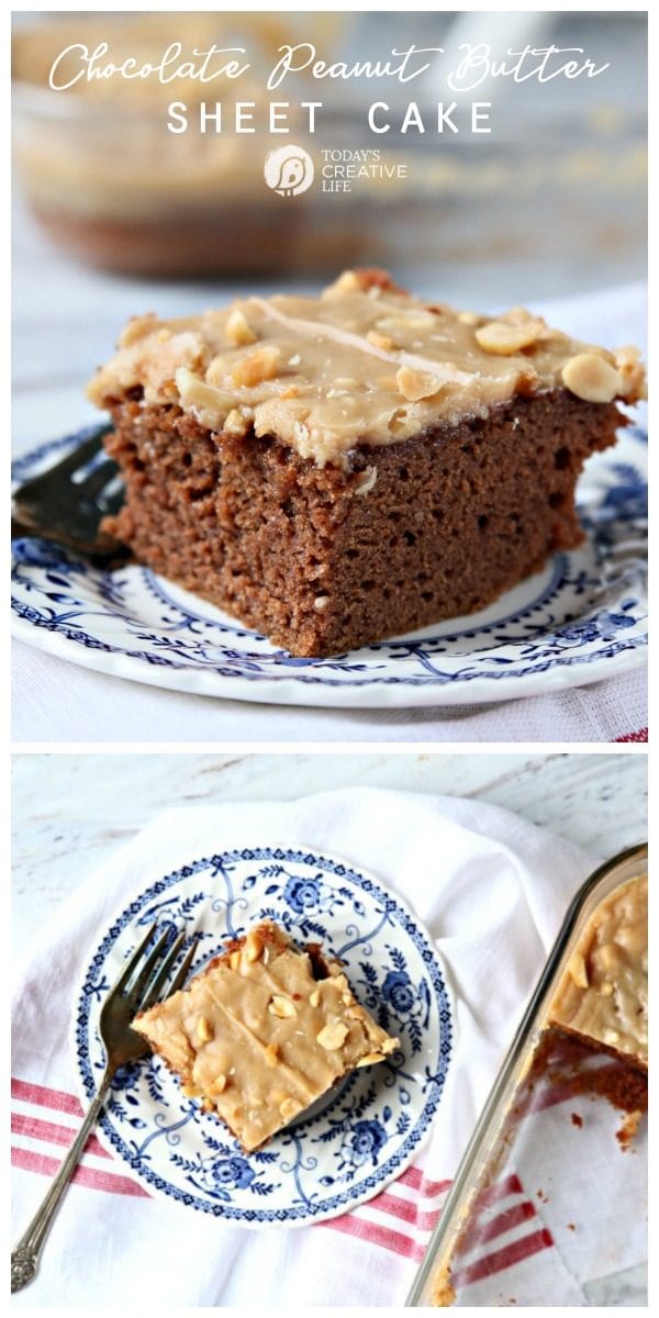 Chocolate Peanut Butter Sheet Cake Recipe from Scratch in a photo collage. Chocolate Cake with peanut butter frosting on a blue and white plate. 