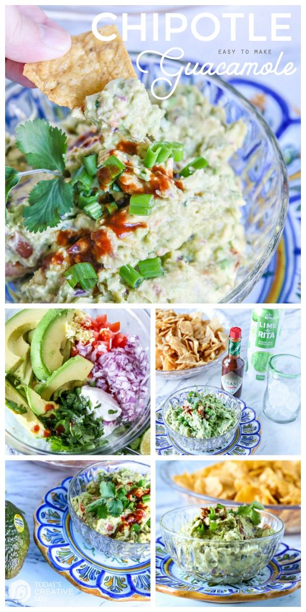 Chipotle Pepper Guacamole Dip Recipe | Made with fresh ingredients for a creamy and chunky dip. Ripe Avocados, Greek Yogurt or sour cream, onion, garlic TABASCO Chipotle pepper sauce and more! Easy to make | Football Food Recipes | Game Day recipe ideas | Easy appetizer ideas | TodaysCreativeLife.com AD #SavorWinningFlavor #AvocadosFromMexico #HAVEARITA #FlavorYourWorld 