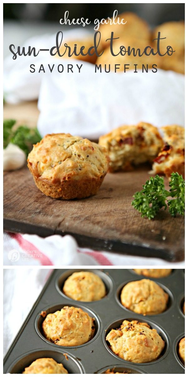 Sun Dried Tomato Savory Muffins Recipe | Made with cheddar & Romano cheese, garlic, herbs and spices | Herbed biscuits | Savory Muffin Ideas | Savory breads for soup or salad | Easy to make recipe | TodaysCreativeLife.com