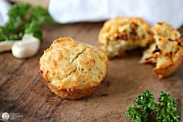 Savory Muffin Recipe with Sun Dried Tomatoes, Garlic and Cheese | TodaysCreativeLife.com