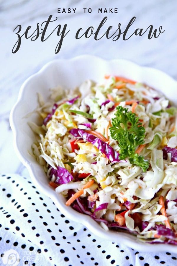 Zesty Coleslaw Salad Recipe | Classic coleslaw with yellow and red peppers, purple cabbage and more. TodaysCreativeLife.com