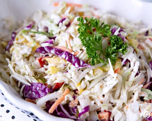 Zesty Coleslaw Salad Recipe | Simple to make cabbage coleslaw | Classic Recipe with onions, red and yellow peppers | TodaysCreativeLife.com