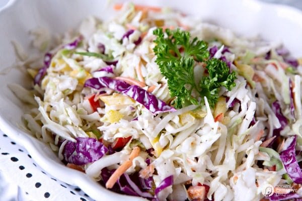 Zesty Coleslaw Salad Recipe | Simple to make cabbage coleslaw | Classic Recipe with onions, red and yellow peppers | TodaysCreativeLife.com