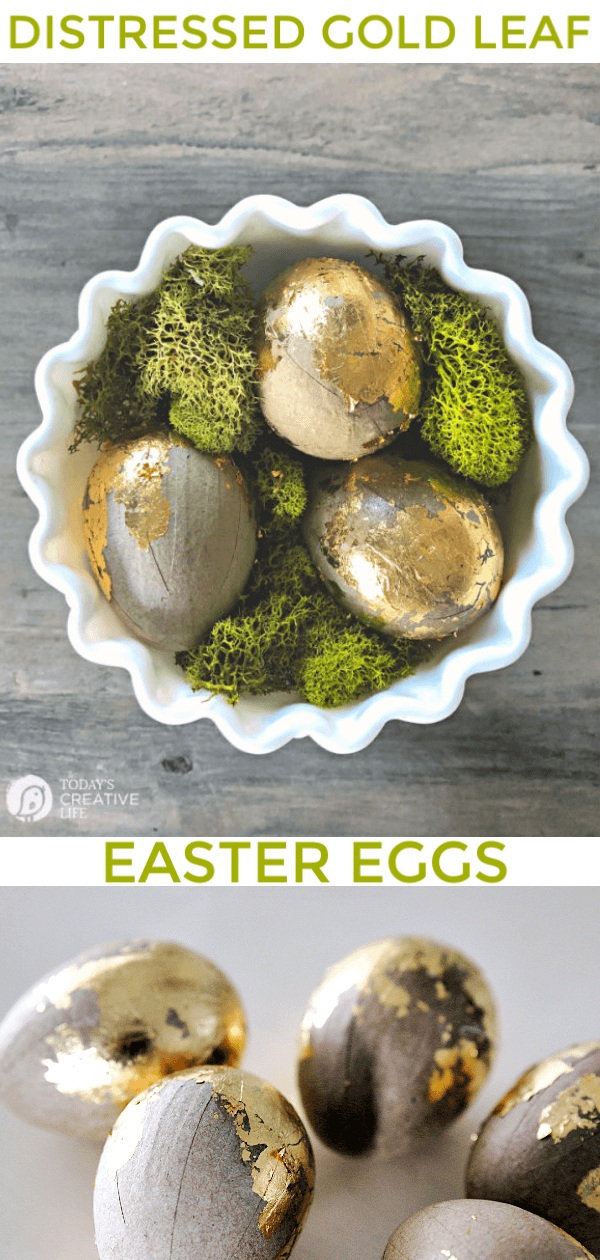 DIY Golden Egg | How to make distressed gold leaf Easter Eggs | Gold Leaf Easter Egg Craft | Decorating Easter Eggs | Easter Table Centerpiece | See the full tutorial on TodaysCreativeLife.com 