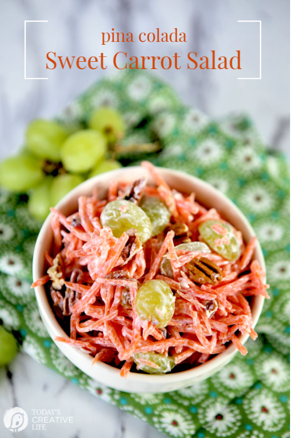 Pina Colada Carrot Salad Recipe | Made with pineapple & coconut yogurt, grapes, Raisins, Nuts | Easter Salad Recipe | Spring Salad Side Dish | TodaysCreativeLife.com
