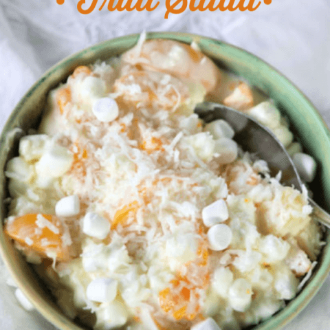 Coconut Fruit Salad Recipe with Marshmallows, Cream Cheese and Yogurt. Holiday Dinner Side Dish | Easter Salad Recipe | TodaysCreativeLife.com