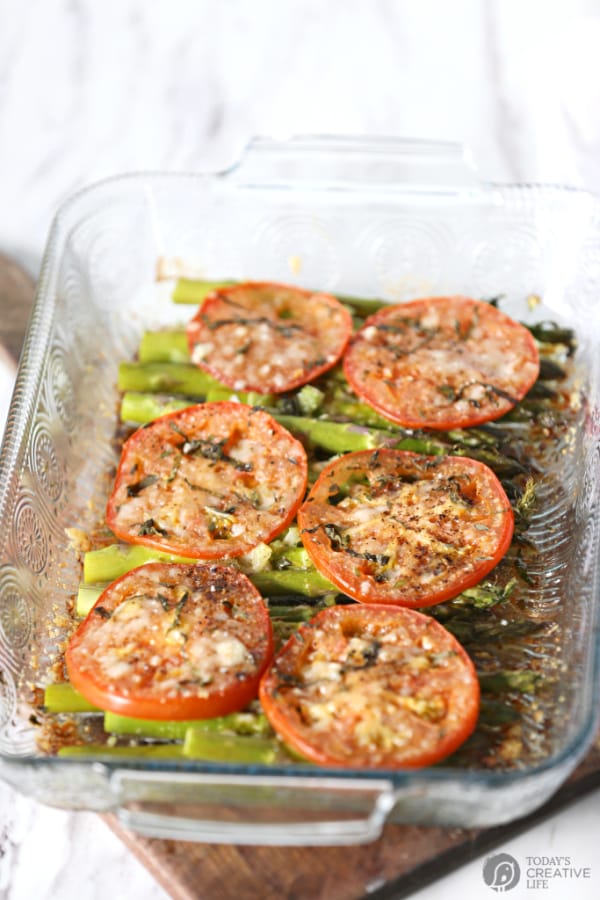 Tomato Asparagus side dish in casserole dish