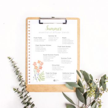 Clipboard with essential oil diffuser blend recipes attached.