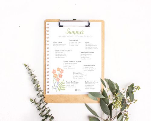 Clipboard with essential oil diffuser blend recipes attached.