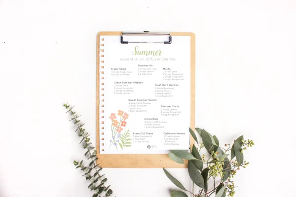 Clipboard with essential oil diffuser blend recipes attached.