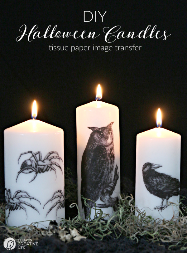 Lit Candles with Halloween images on them | TodaysCreativeLife.com