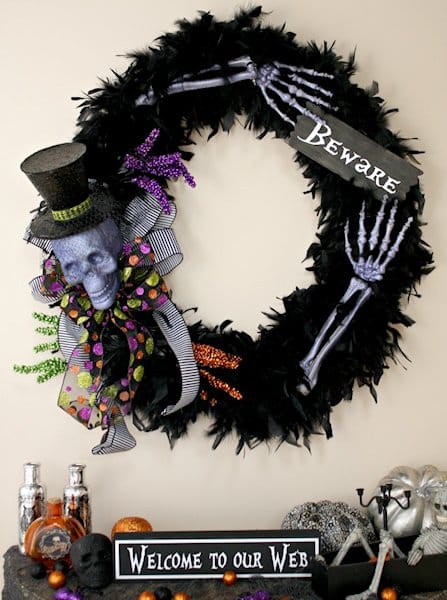 Black Feather wreath with halloween decorations