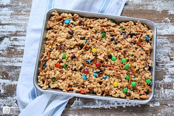 No Bake Cereal Bars in a baking pan