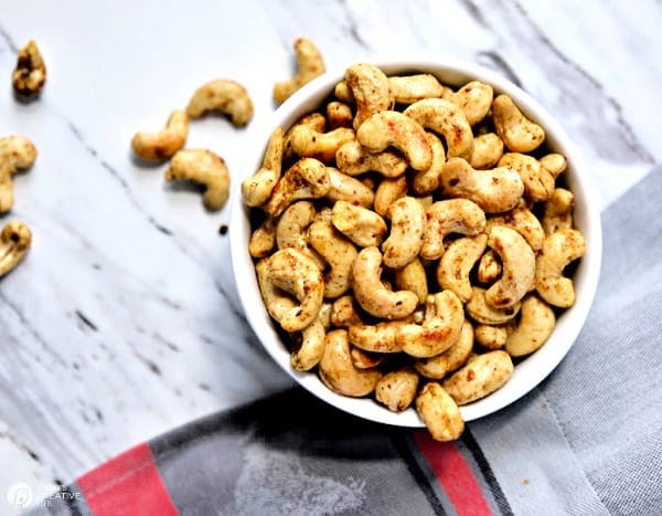 Cashews in white bowl