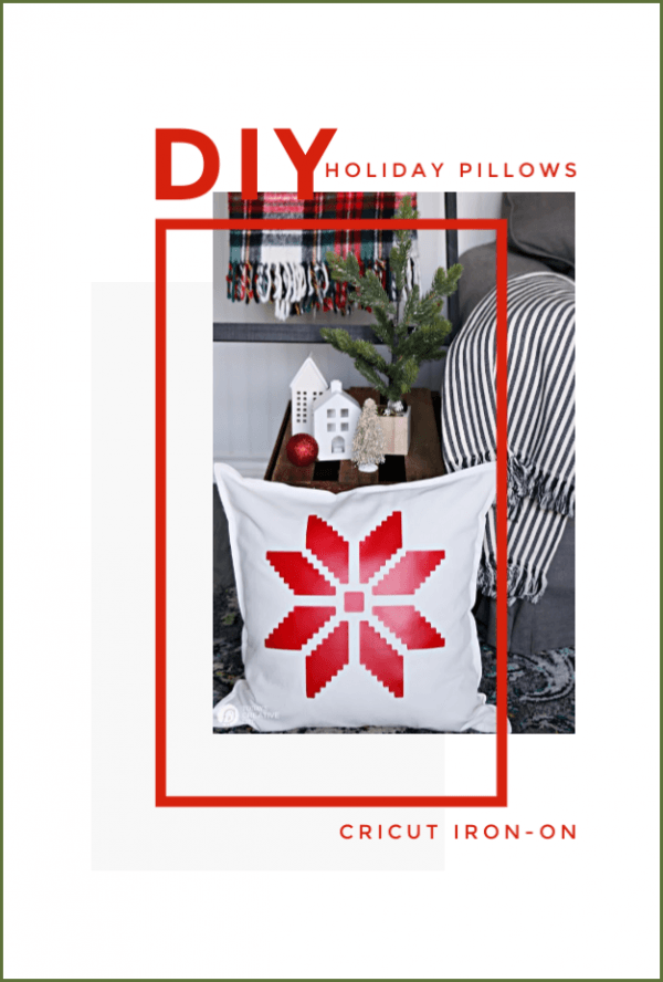 Photo collage with white and red snowflake pillow.