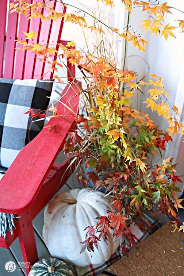 Fall porch with red wooden chair and bucket of tree brand with fall leaves