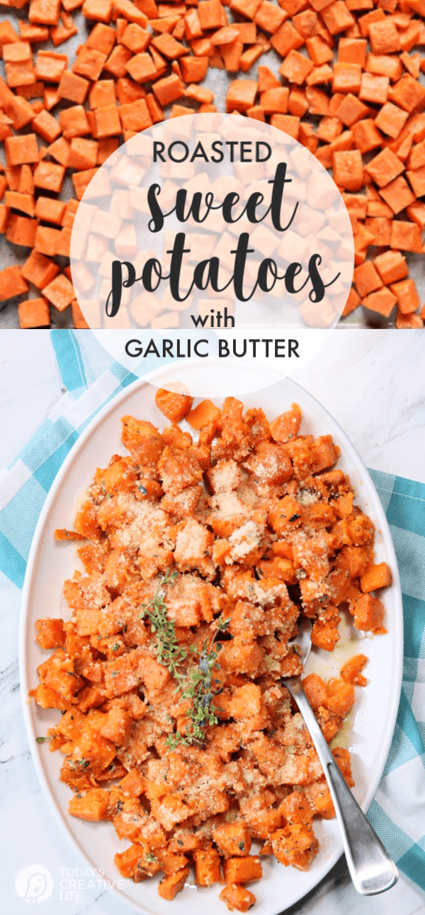 Photo Collage of sweet potatoes on white plate.