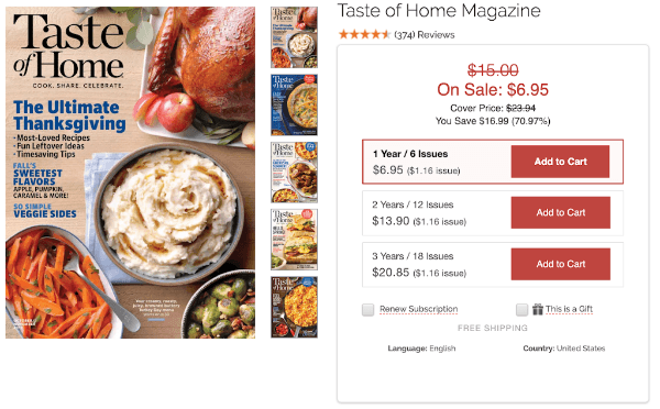 Taste of Home Magazine Subscription form