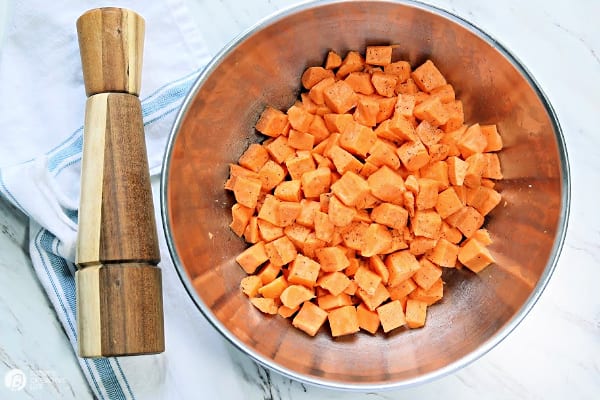 Cubed sweet potatoes in a large bowl