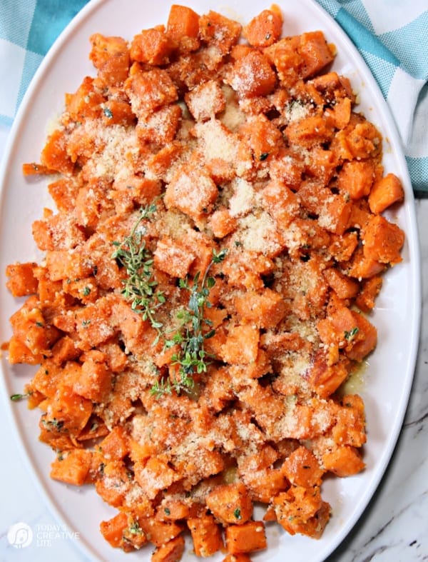 white platter with cubed sweet potatoes