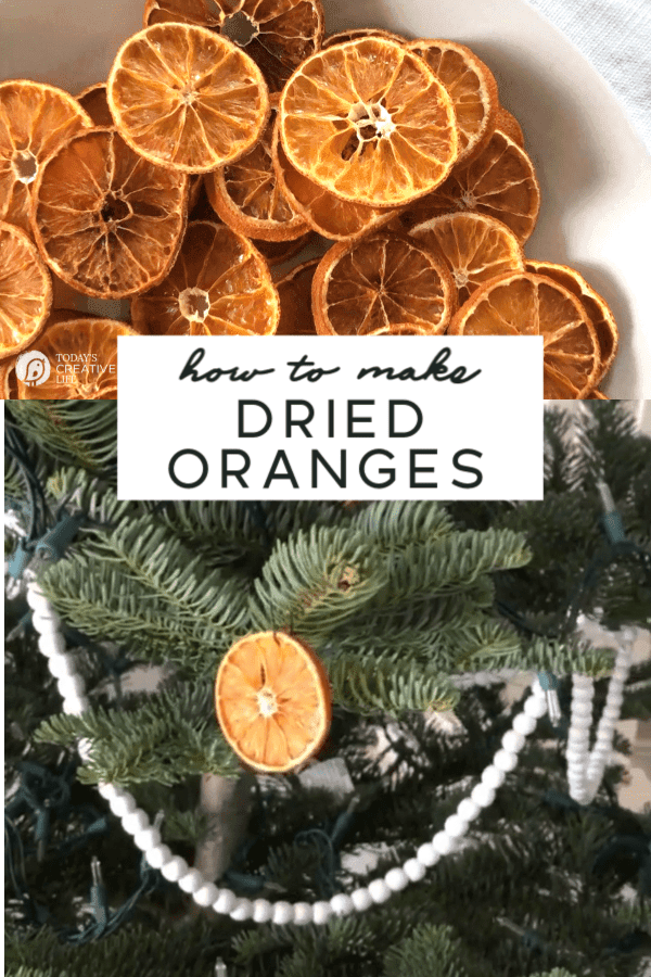 Photo collage of dried oranges and Orange ornament on a tree.