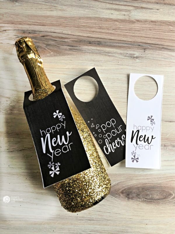 Champagne bottle with printable wine tags