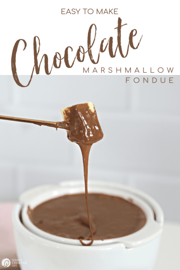 photo collage of white fondue pot with chocolate fondue
