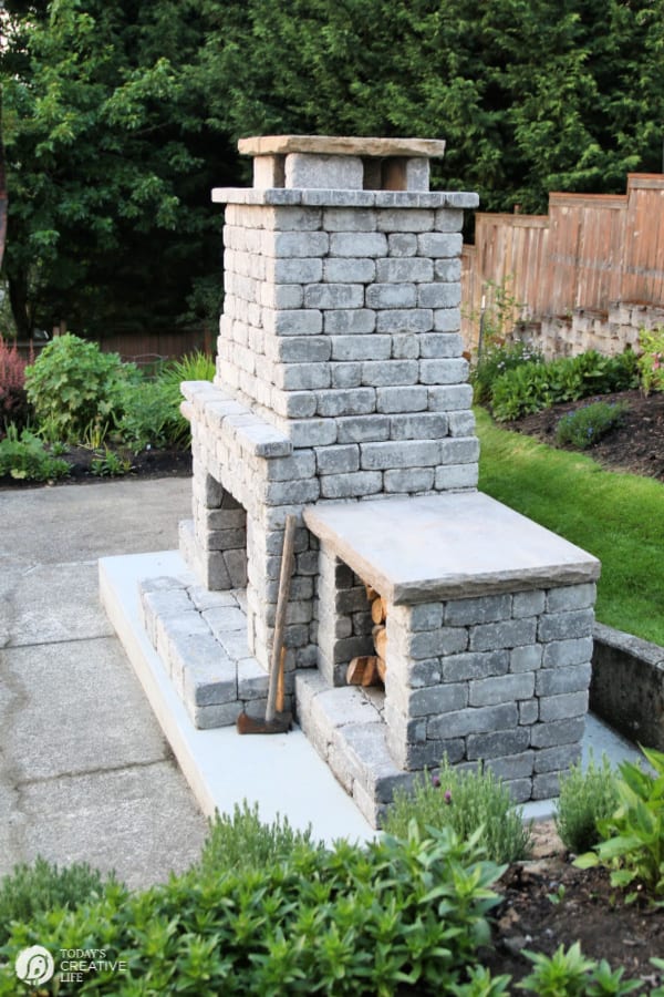 Side view outdoor stone fireplace