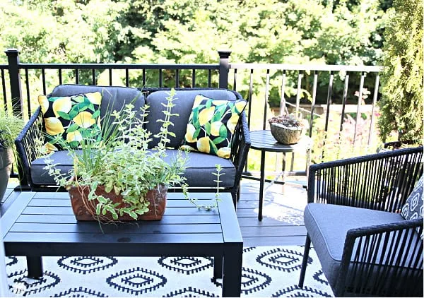 Patio with dark furniture in sunlight